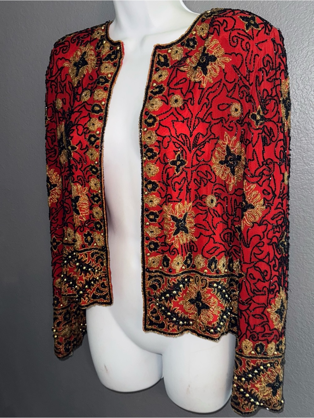 Adrianna Papell Beaded Red Formal Holiday Cardigan Jacket Womens Medium